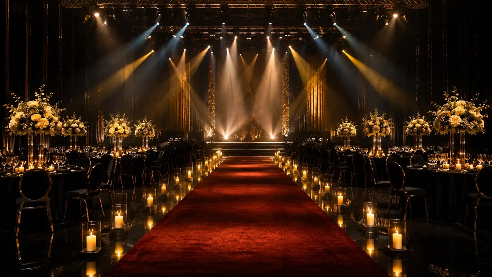 Candlelit aisle leading to a decorated wedding stage