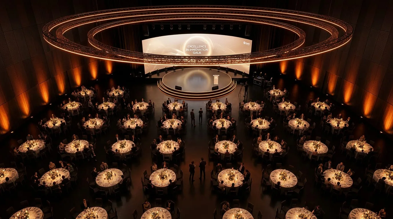Corporate dinner concept render with suspended light rings