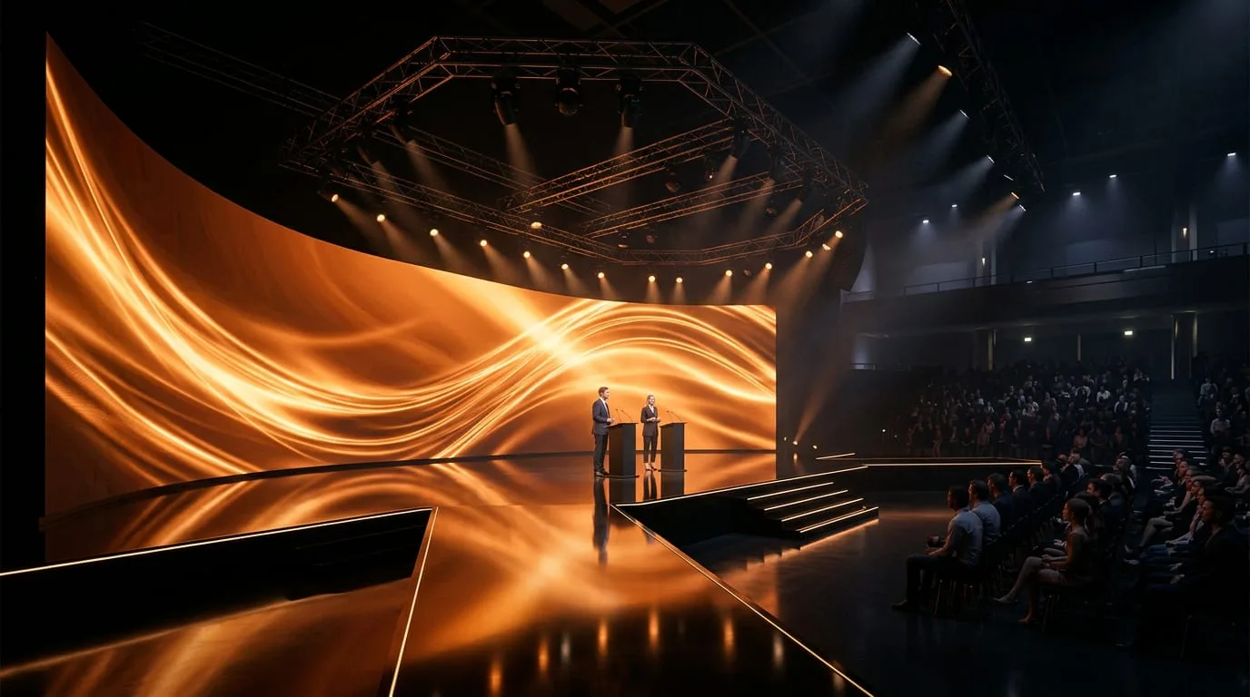 Product reveal stage concept render with curved LED wall