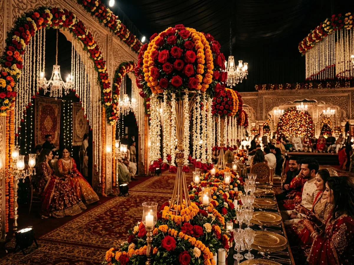 Nikkah stage florals at a wedding decoration setup in Lahore