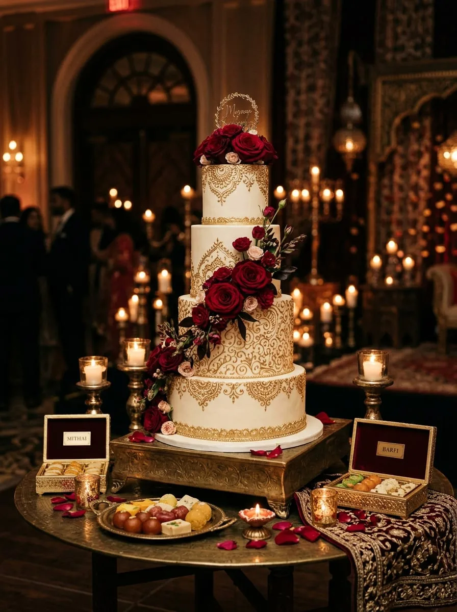 Ivory and gold wedding cake with mithai display, Lahore wedding decor