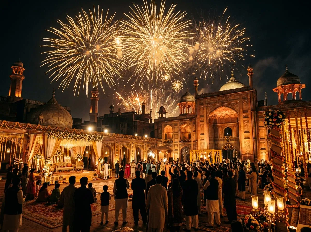 Fireworks over a grand Pakistani wedding celebration marking the final night