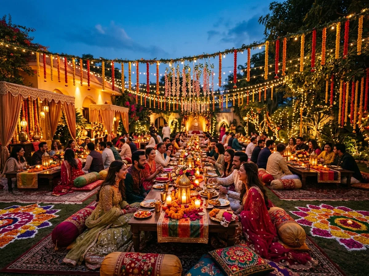 Outdoor mehndi dinner under string lights and marigold garlands
