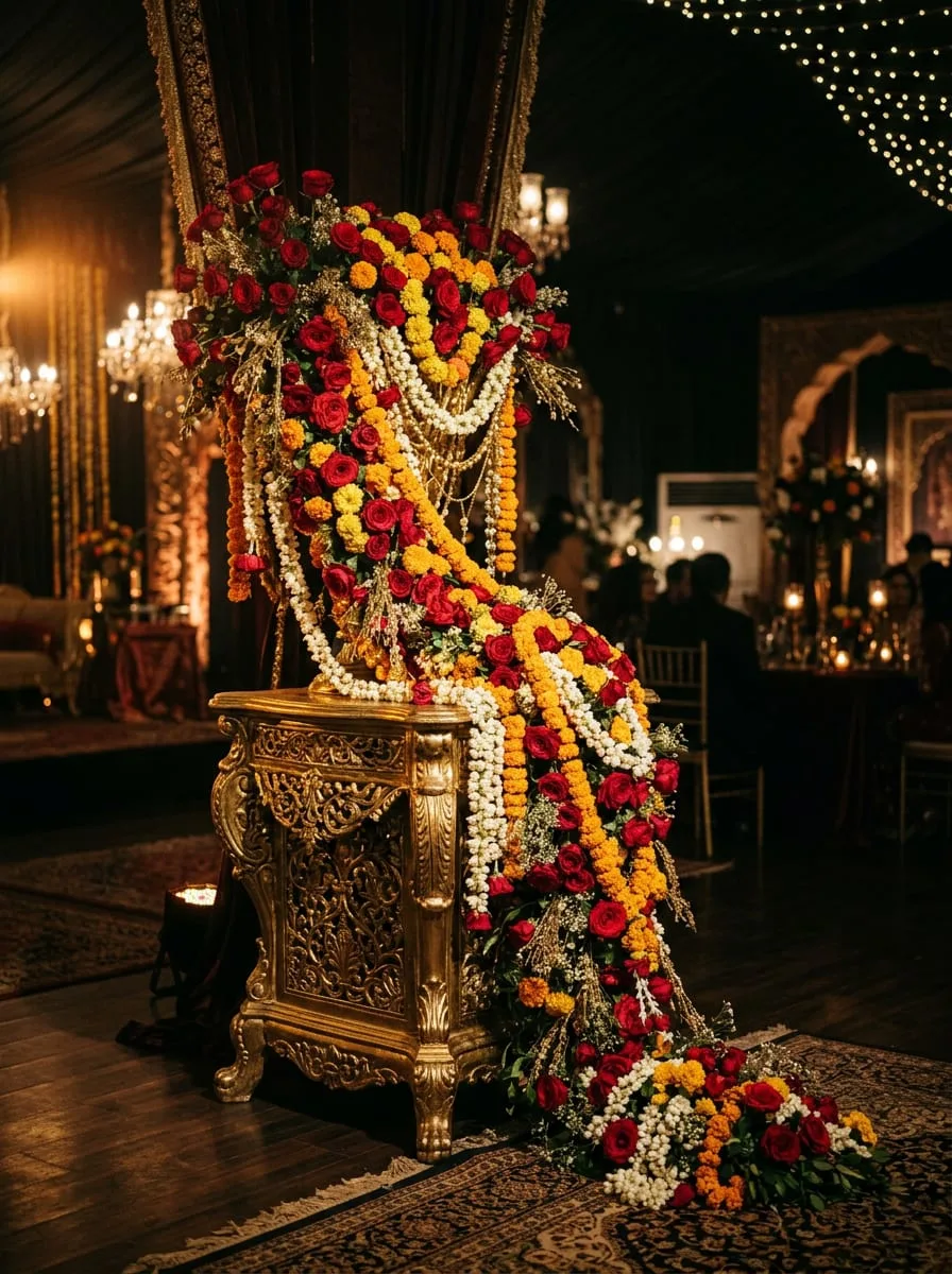 Marigold and jasmine garlands, mehndi decoration Lahore