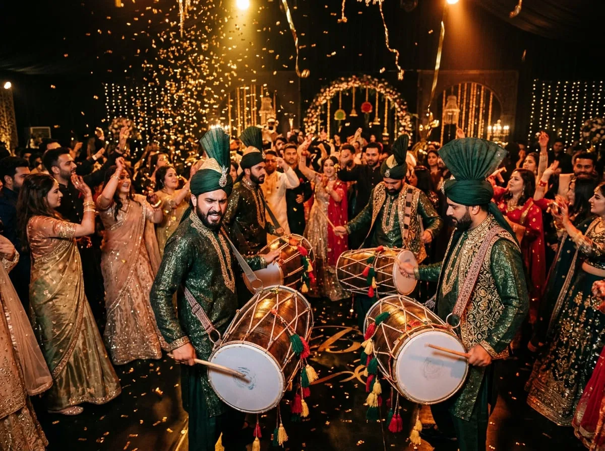 Dhol drummers leading a baraat procession at a Lahore shaadi