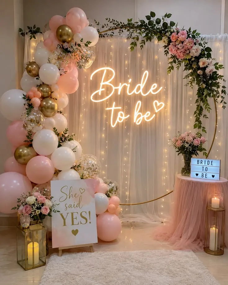 Bridal shower gold hoop arch with a Bride to Be neon sign, pink and gold balloons and lantern candles