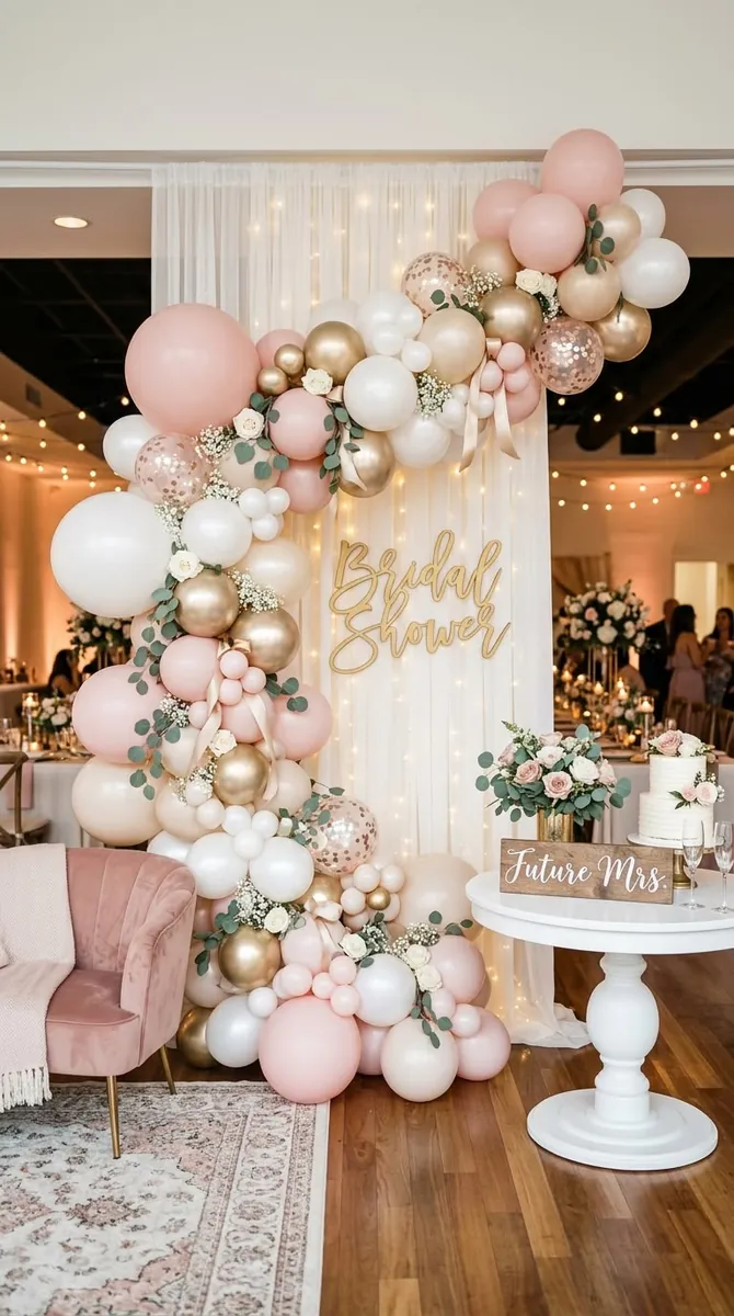 Bridal shower balloon garland in pink, cream and gold beside a Bridal Shower sign and a small cake
