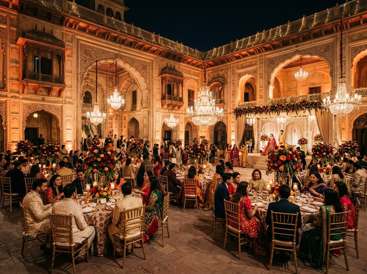 Grand Pakistani wedding reception in a historic Lahore haveli courtyard