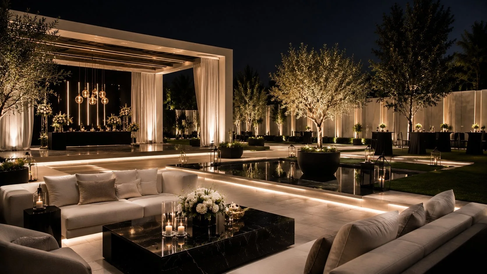 Evening lounge setup for a private celebration