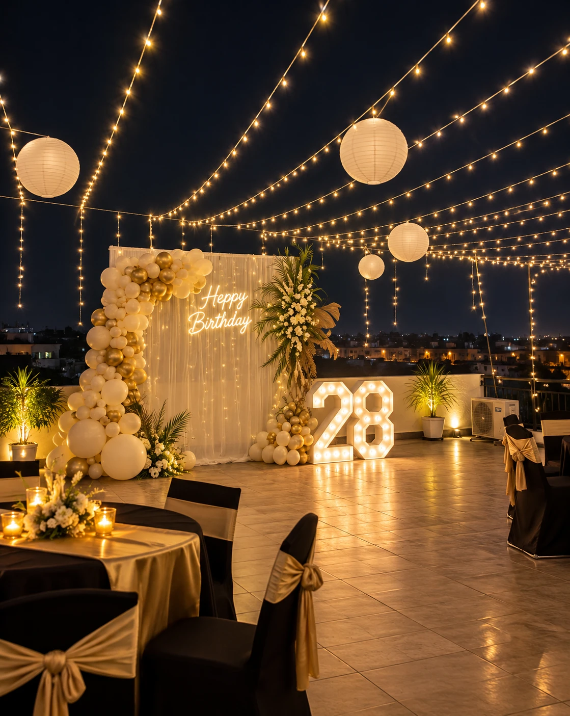Rooftop terrace at night under string lights and white paper lanterns, with a gold and white balloon garland, a Happy Birthday neon sign, lit 28 marquee numbers and set tables