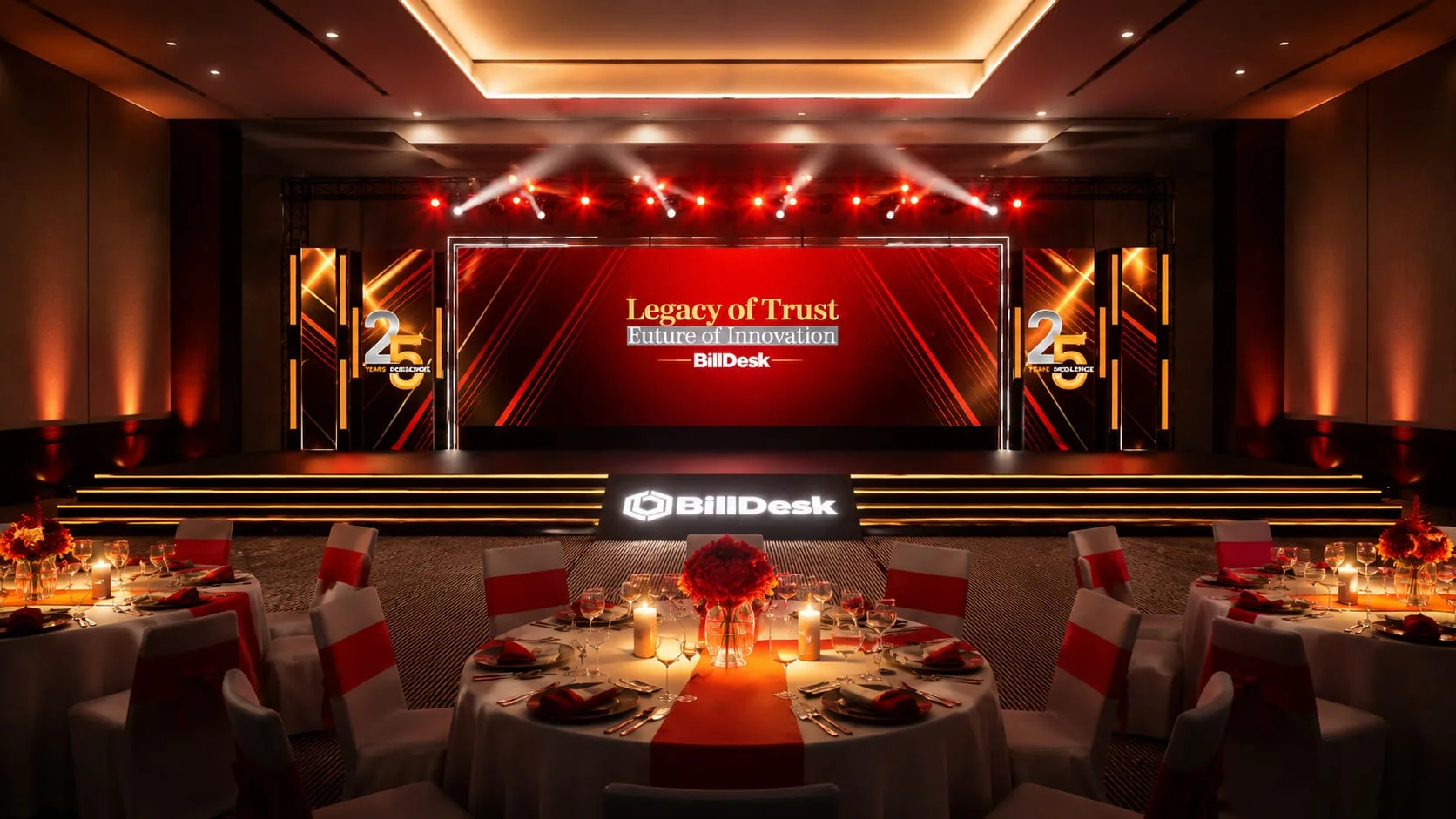 Event stage fully produced, with lighting, décor and table settings