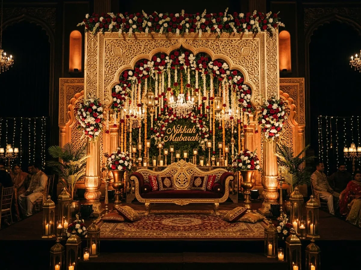 Nikkah stage with candlelight, wedding planner Lahore